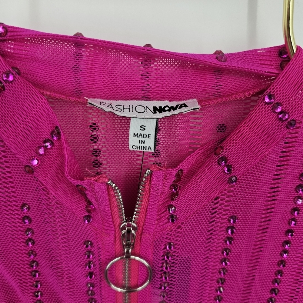 Fashion Nova Hot Pink Rhinestone Bodycon‎ Midi Dress Size S NWT - Picture 5 of 7
